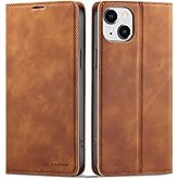 QLTYPRI Case for iPhone 15, Premium PU Leather Cover TPU Bumper with Card Holder Kickstand Hidden Magnetic Adsorption Shockproof Flip Wallet Case for iPhone 15 - Brown