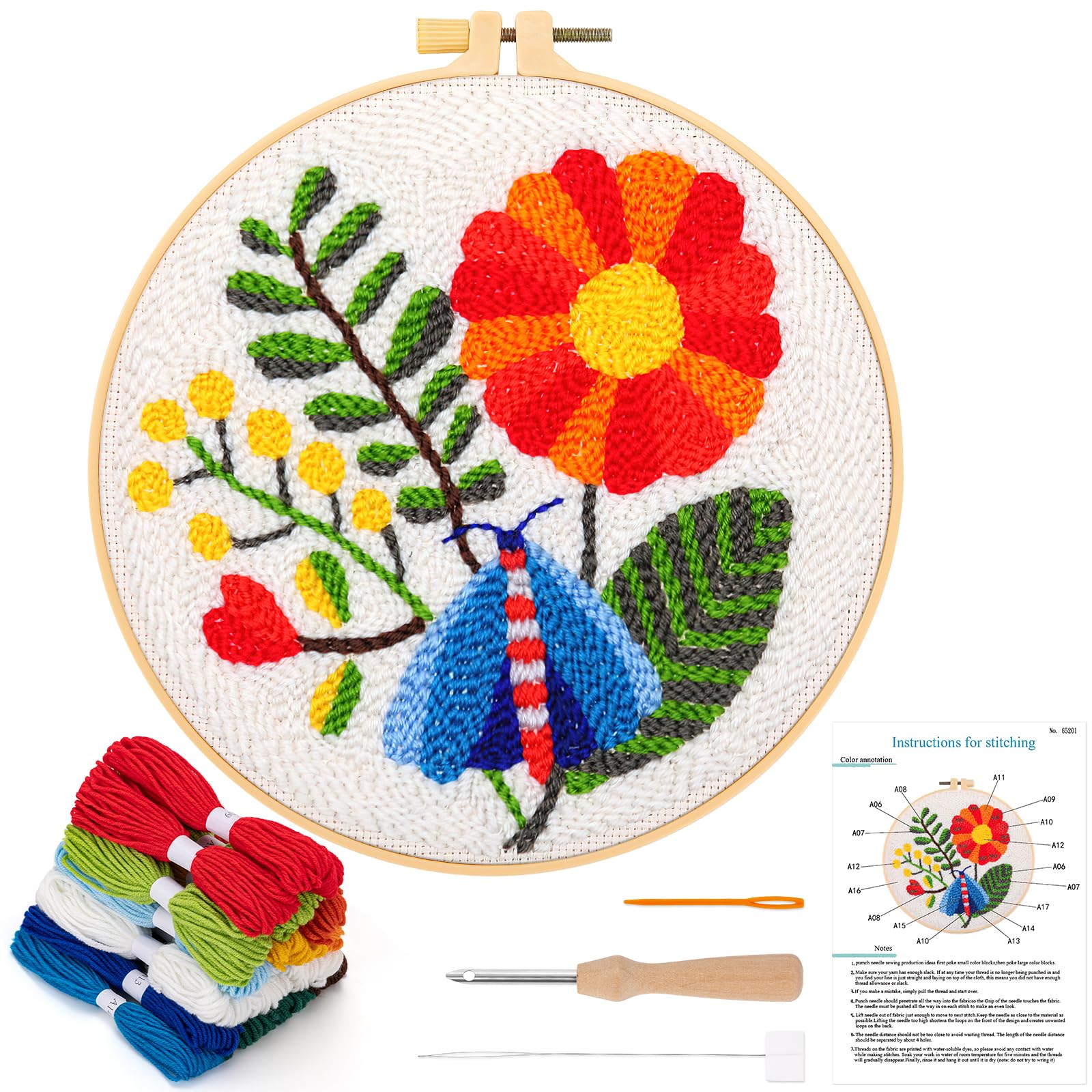 JSRQT Punch Needle Embroidery Starter Kits for Craft Lovers, Rug Hooking Beginner Kit with Flower and Insects Pattern