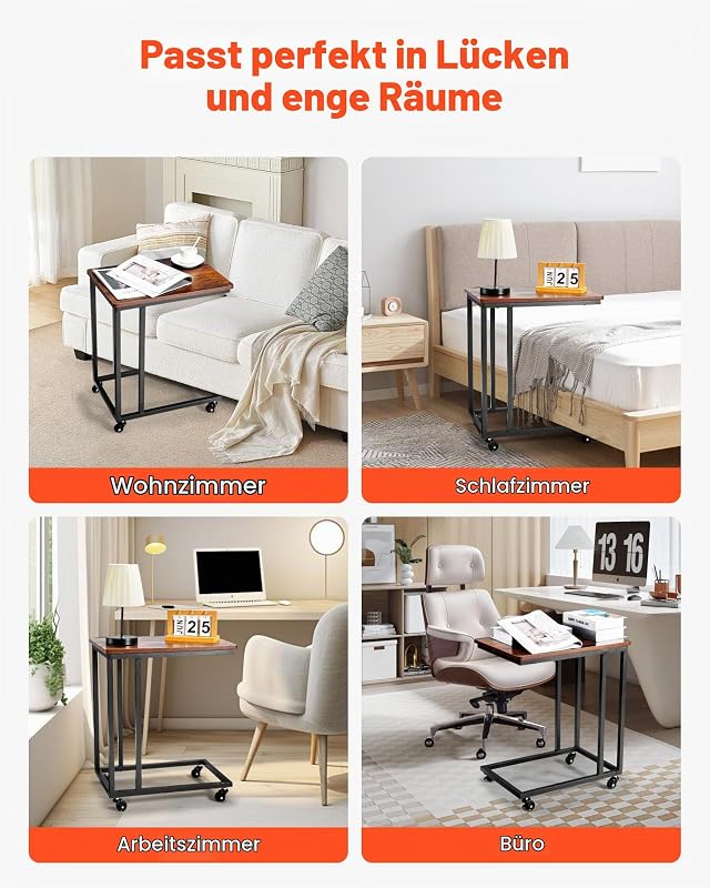 Beistelltisch Kaffeetisch mit Metallrahmen rollbar, C-förmiger Couchtisch für Wohnzimmer Schlafzimmer Büro 500 x 350 x 605 mm TV-Tablett, Wohzimmertisch Sofatisch Braun und Schwarz