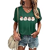 Merry Christmas T Shirts Women V Neck Graphic Holiday Tops Vacation Short Sleeve Xmas Buffalo Plaid Tree Tee