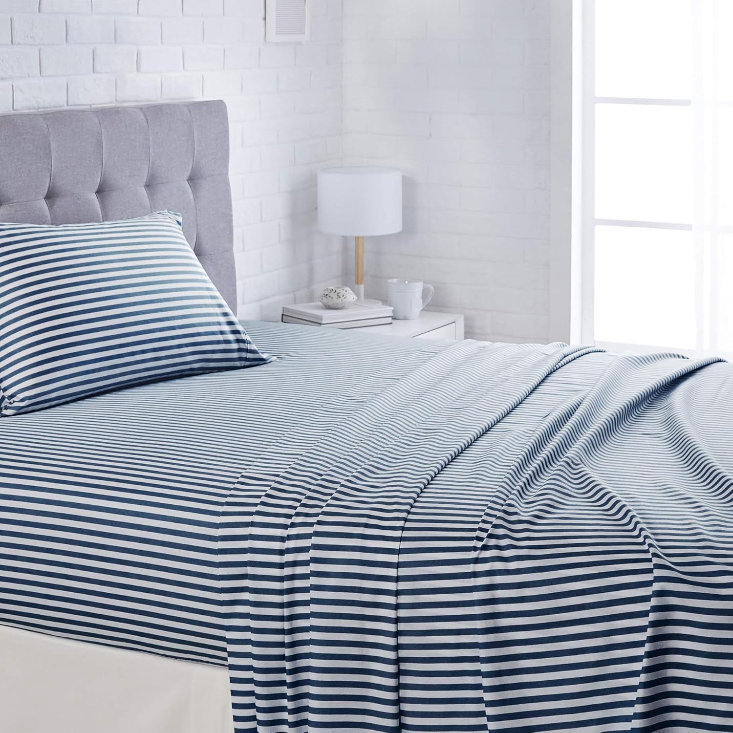 AmazonBasics Lightweight Super Soft Easy Care Microfiber Sheet Set with 16" Deep Pockets - Twin, Navy Pinstripe