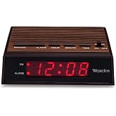 Westclox Retro Wood Style Small Night Table Alarm Clock with Red LED Display, 9-Minute Snooze, Battery Backup, Easy Electric Operation for Bedroom, Home or Office &ndash; Woodgrain