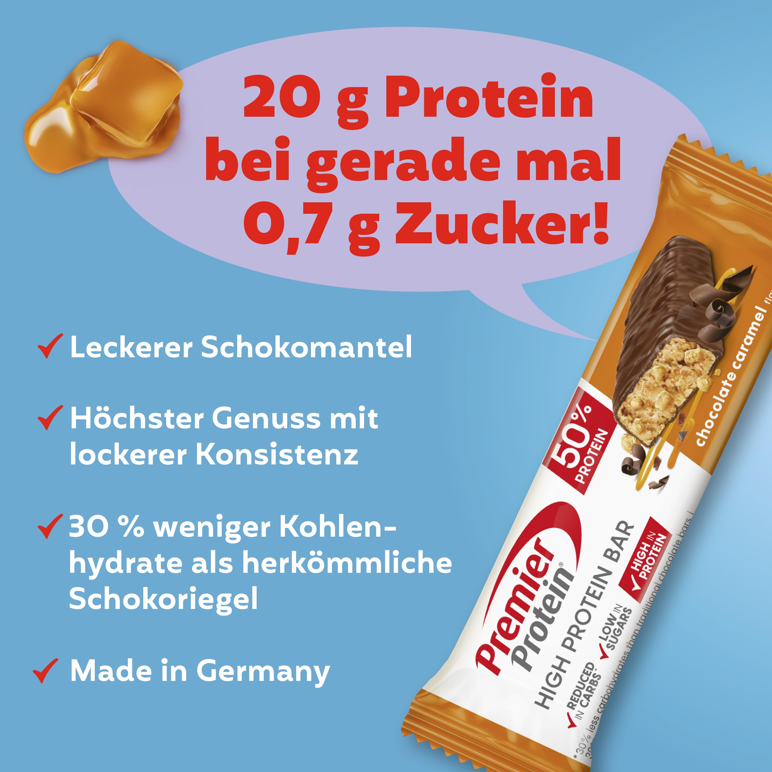 Premier Protein - High Protein Bar 50% - Chocolate Caramel - 16x40g - Low Sugar - Low Carb - palmölfrei 3