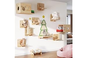 Homiflex Cat Wall Shelves, Cat Wall Furniture Pine Wooden Feline Shelf, 16 Piece Shelves and Perches with Bowl, Warmer Mat, Condos, House, Steps and Cat Scratcher