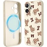 Idocolors Cute Teddy Bear Case for iPhone 16 6.1-Inch, Bow Magnetic Phone Case, Compatible with MagSafe, Silky-Soft Touch Liquid Silicone Phone Cover with Camera Lens Full Protection