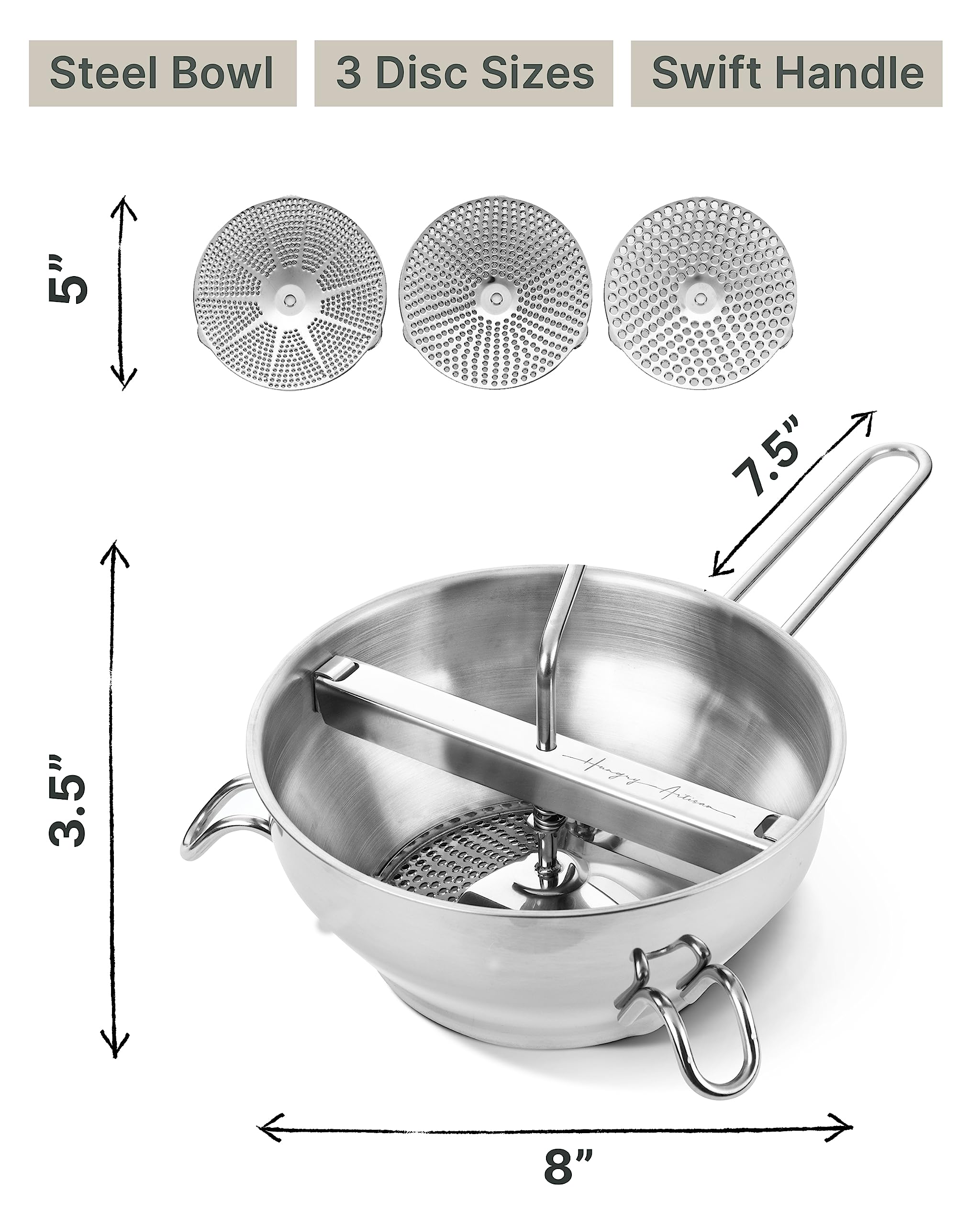 Ergonomic Food Mill Stainless Steel With 3 Grinding Discs, Milling Handle & Bowl - Rotary Food Mill for Tomato Sauce, Applesauce, Puree, Mashed Potatoes, Jams, Baby Food