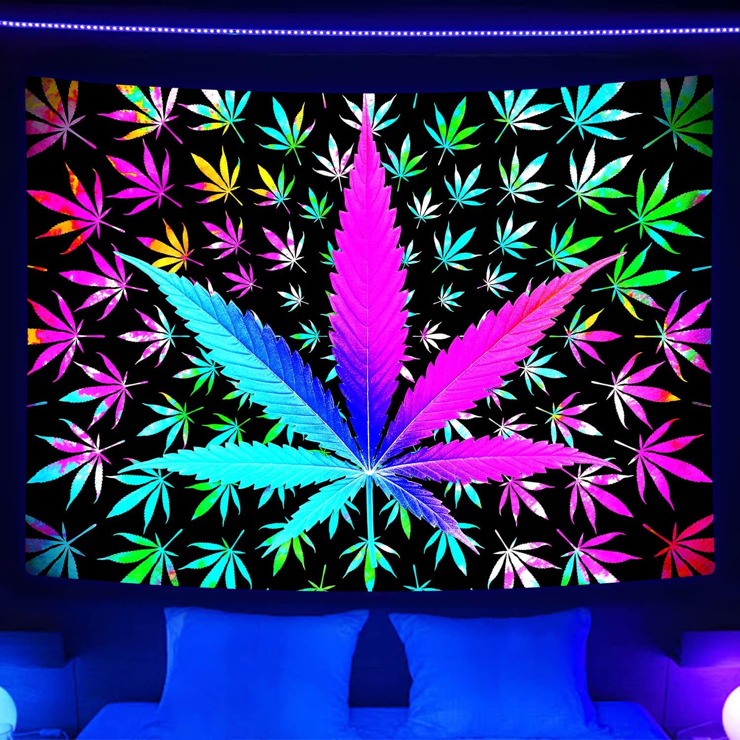 Tapestries - VEIGIKE Cool Trippy Weed Blacklight Tapestry UV Reactive, Neon Tie Dye Marijuana Leaf Cannabis Black Light Art Poster for Men Room Bedroom, Psychedelic Glow in The Dark Blanket Party Decor (60X40)