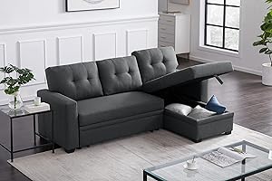 RITSU Button Tufted Sectional L-Shape Pull Up Convertible Sleeper Sofa Bed with Storage Chaise for Living Room, Small Apartment, Dorm, 82 Inch, A6-Dark Gray
