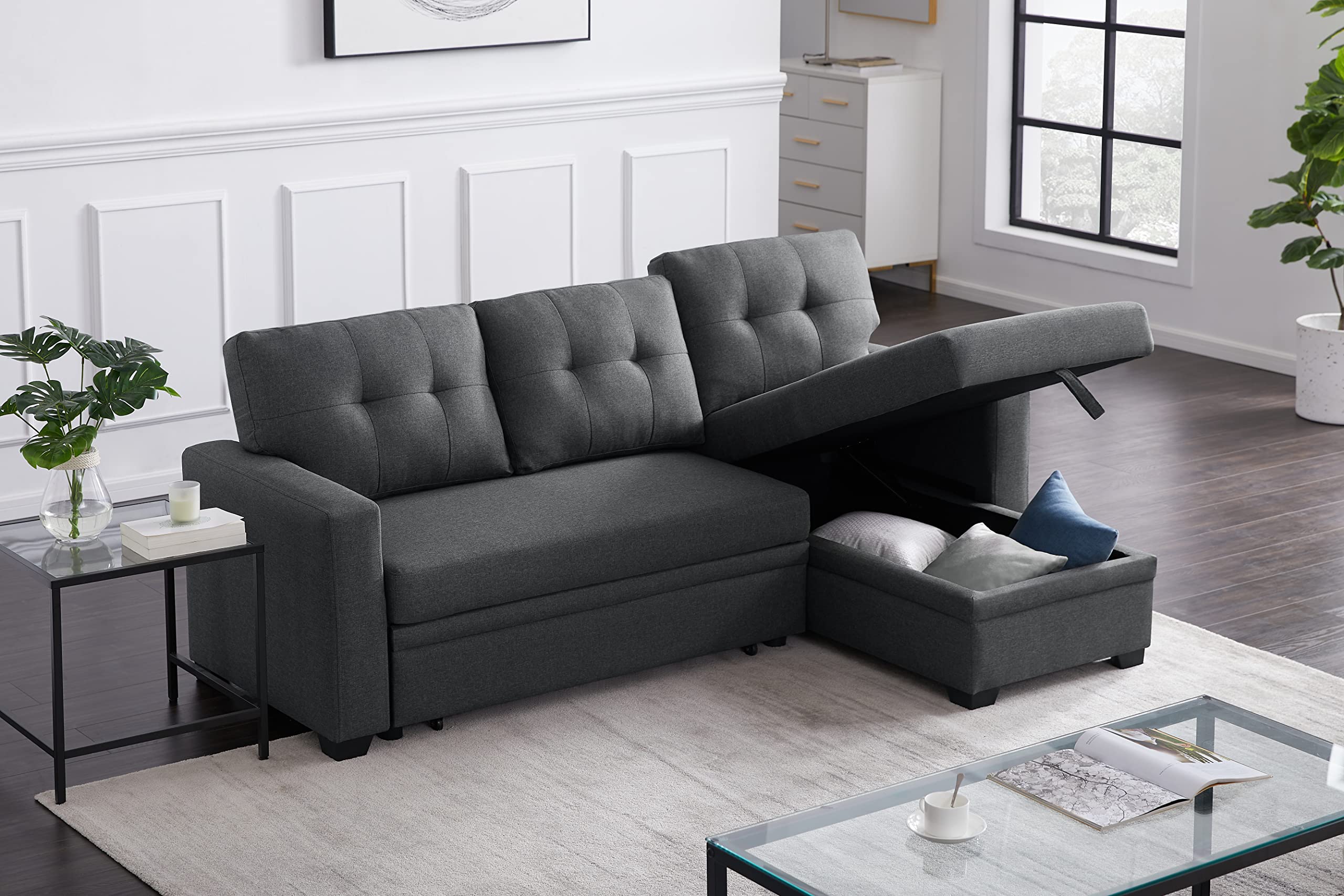 FRANSOUL 82 Inch Convertible L Shaped Sleeper Sectional Sofa Linen with ...
