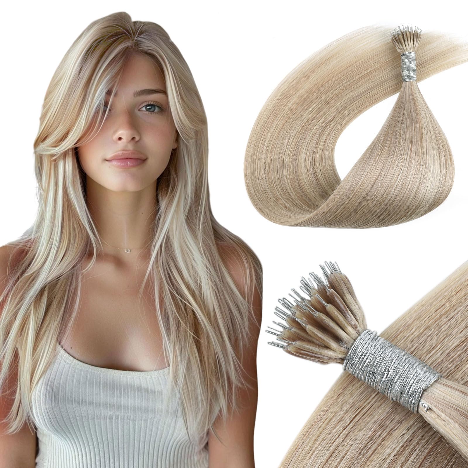 Yuniffe Nano Real Human Hair Ombre Honey Blonde to Medium Blonde Nano Ring Hair Extensions Remy Straight Natural Long Straight 16 Inch 50g/50s