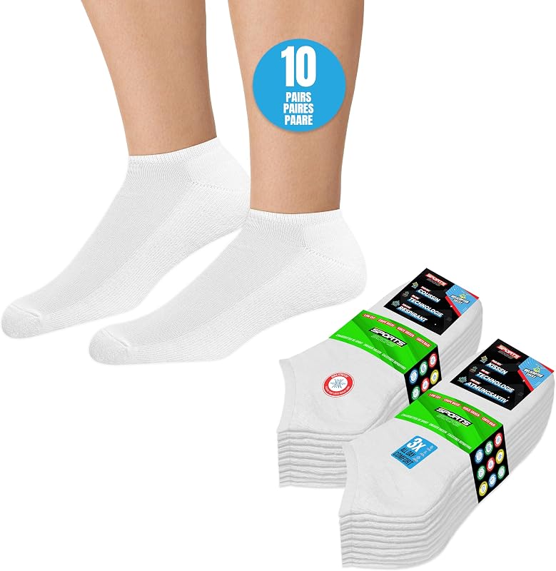 Chaussettes Basses Homme 43-46 Socquettes Courtes Femme - Lot de 10 Paires (EU 43 46, Blanc)