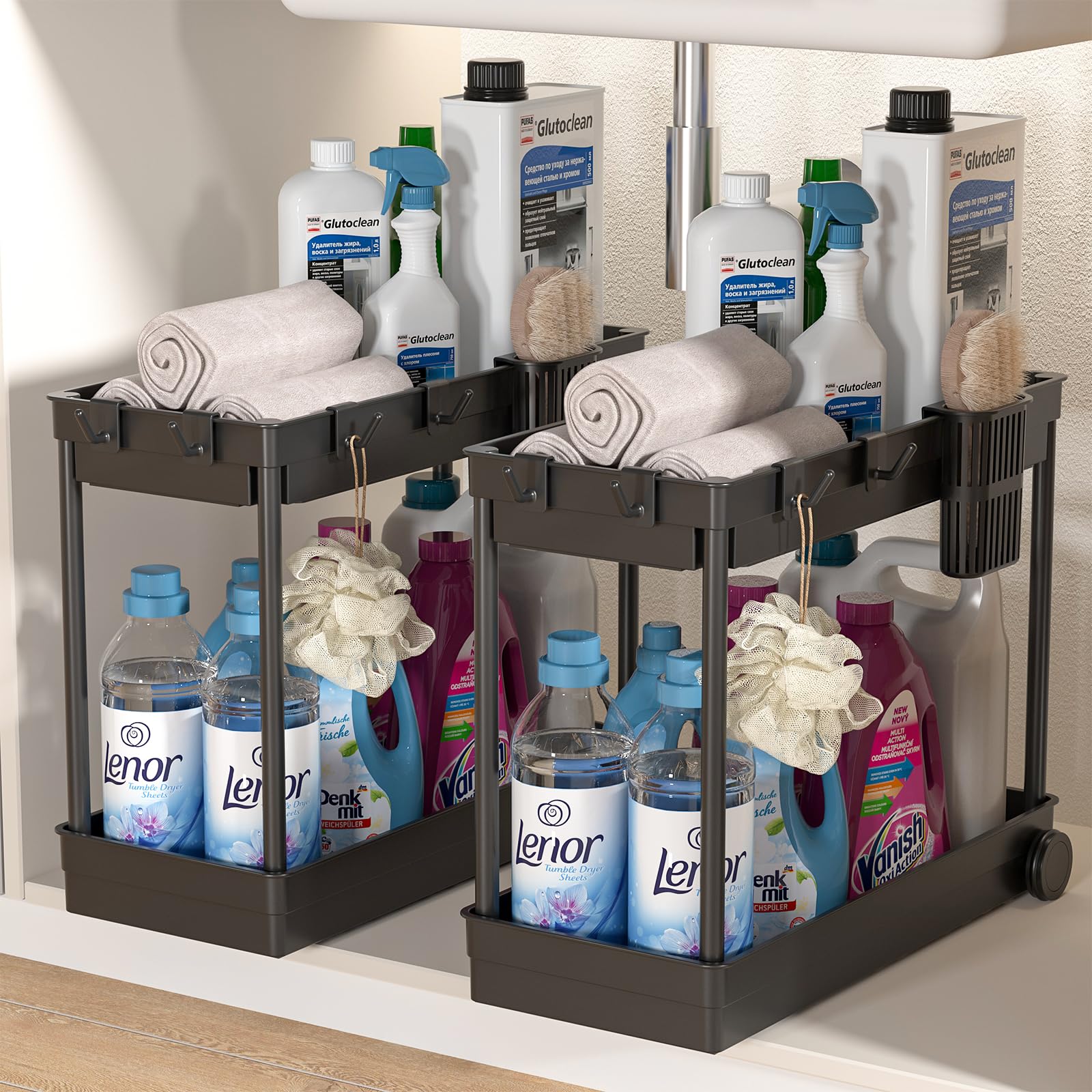 Waretary 2 Pack 2-Tier Under Sink Storage for Kitchen & Bathroom, Pull- Out Designed Under Sink Storage Units with 4 Hooks 1 Hanging Cup (Black, 1 Large Size+1 Large Size)