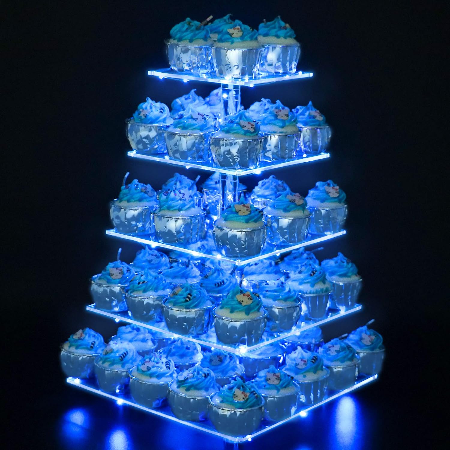 YestBuy 5 Tier Acrylic Cupcake Stand with LED Light for Birthday Parties and Events (Blue), 5 Tier Square