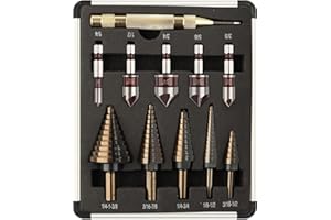 AOKLIT 5 Pack 50 Sizes Step Drill Bit & 5 Pack M2 Countersink Drill Bit Set，Titanium Coated, with Aluminum Case, Multiple Hol