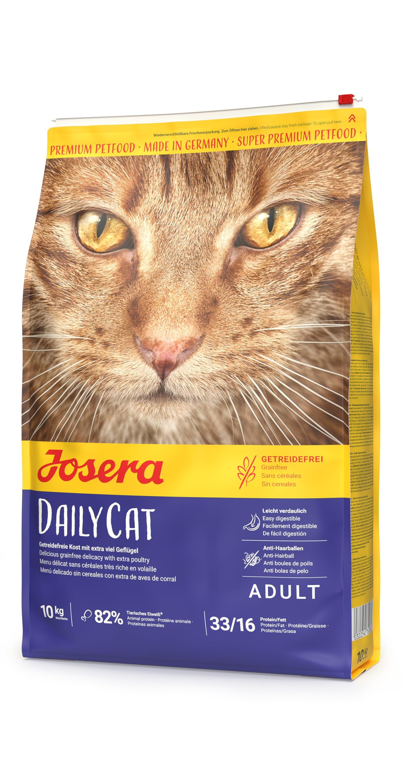 Josera DailyCat complete cat food | Grain-free | Ideal for brachycephalic breeds | Chicken & Liver | Anti-hairball | Skin & Coat | Herbs & Fruit | 10kg