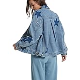 D-Sun Women Casual Denim Jacket Oversized Leopard Stars Printed Boyfriend Vintage Jean Jacket Coat with Pockets