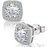 QUEENOU Moissanite Stud Earrings, VVSI Quality D Color Round Cut, Lab Created 925 Sterling Silver with 18K White Gold Plated, Double Halo Design – Idea Gift for Women Men