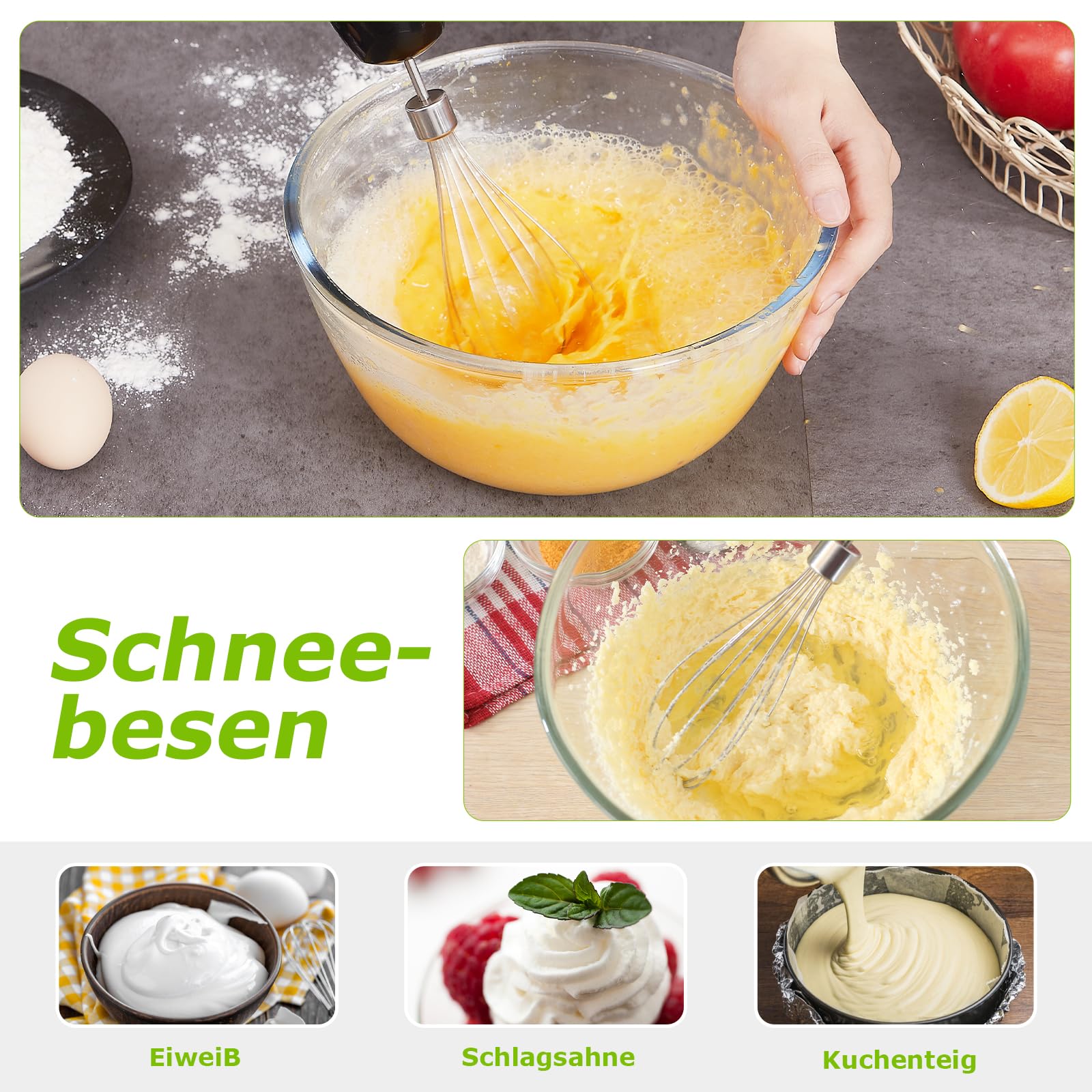 Bonsenkitchen Pürierstab, 4-en-1 Stabmixer Elektrischer, 1000W Stufenlos Geschwindigkeiten, Edelstahl, Schneebesen, 500ml Häcksler und 700ml Messbecher für Babynahrung, HB3203 (Schwarz) 4