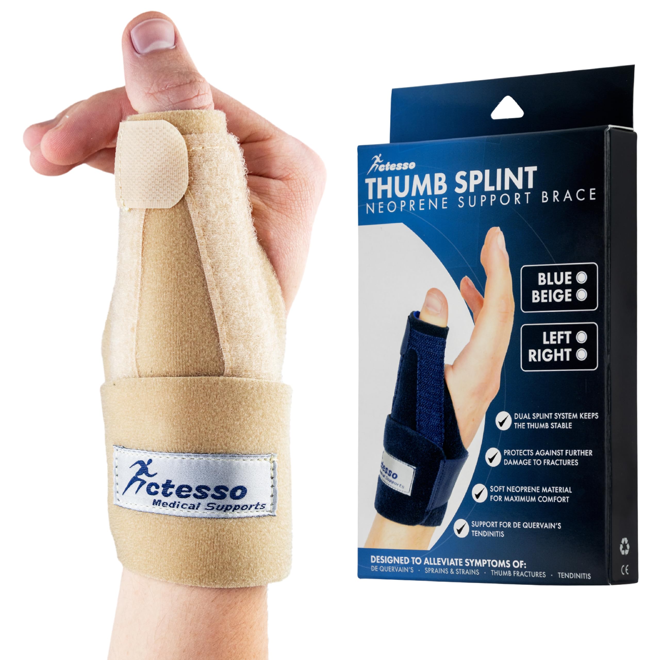 Actesso Neoprene Thumb Splint Support Brace – Thumb Spica for Pain Relief from Thumb Injury, Wrist Tendonitis, De Quervain's and Sprains. Left or Right Hand Available (Beige, Right Hand)