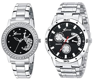 Analogue Men & Women's Watch (Black Dial Silver Colored Strap) (Pack of 2)