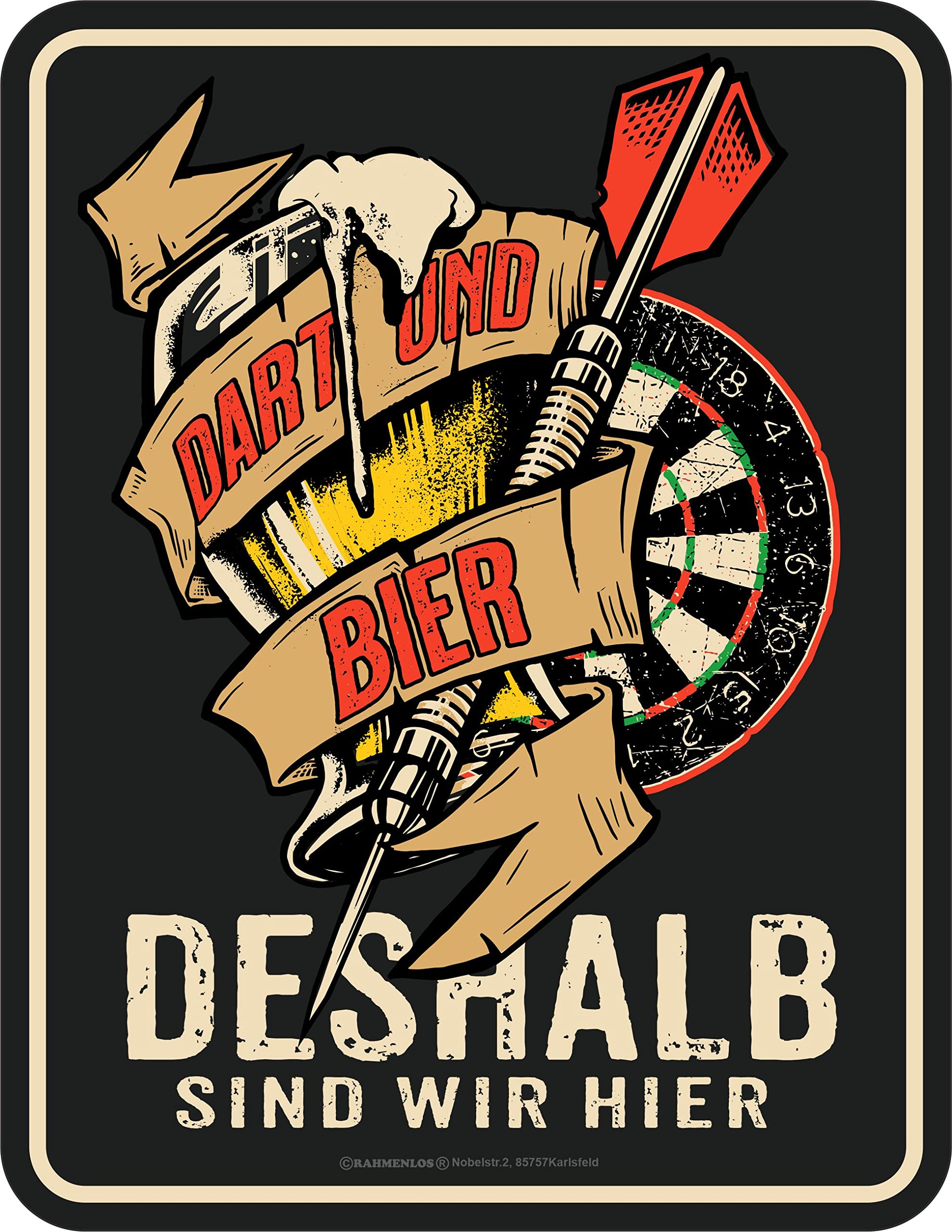 RAHMENLOS Decorative Tin Sign, 17 x 22 cm, Aluminium, Made in Germany, Original Rahmenlos Design for Dart Players