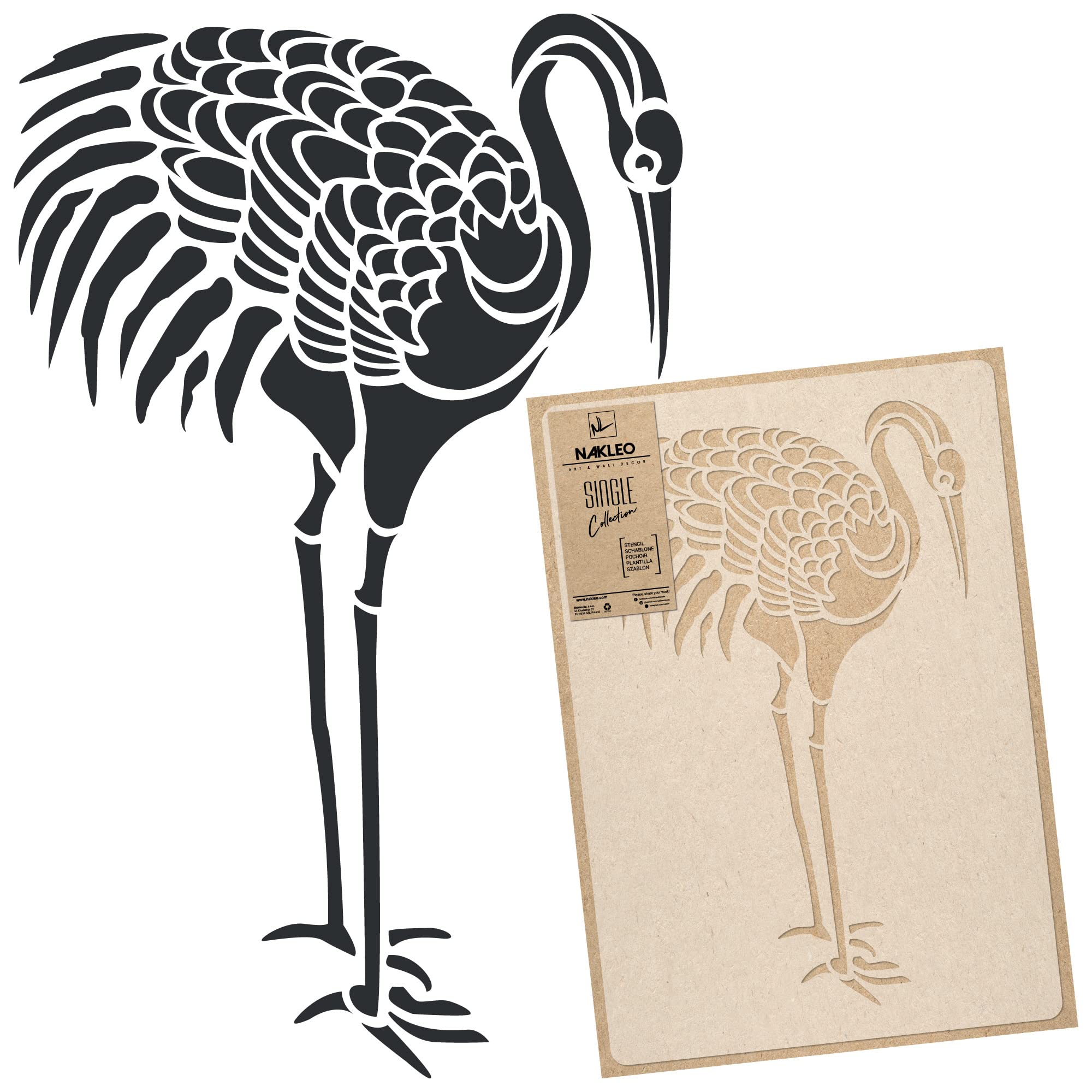 NAKLEO Large Wall Painting Stencil 43x64 cm, Japanese Standing Crane Art Deco Oriental Pattern, Reusable Plastic Template, DIY Art and Craft Home Decor, Floor Wood Fabric Furniture