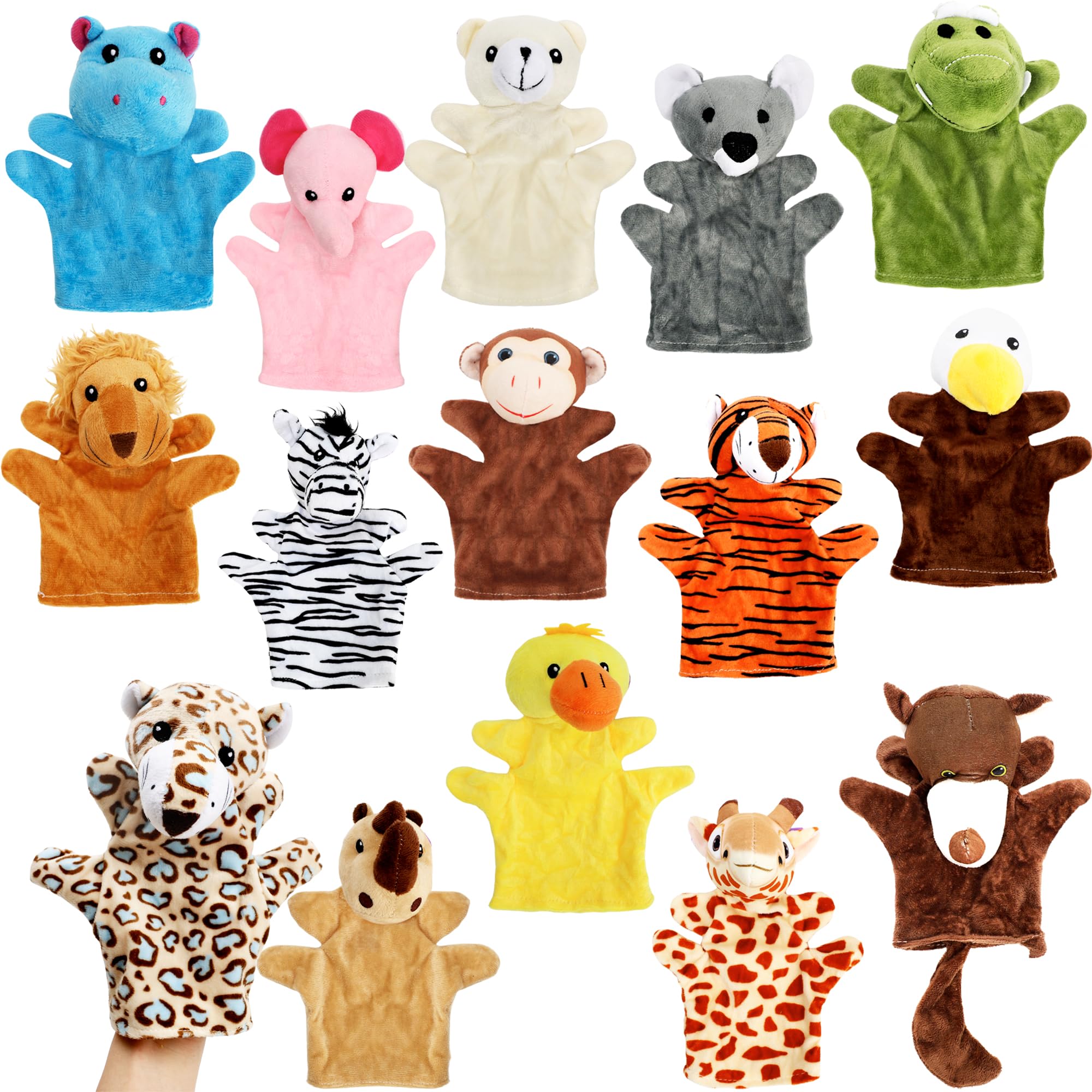 15 Pack Safari Animal Hand Puppet Plush Animal Hand Puppets Bear Monkey Elephant Giraffe Zoo Stuffed Puppet Toys for Show Theater Telling Story Teaching Role Play
