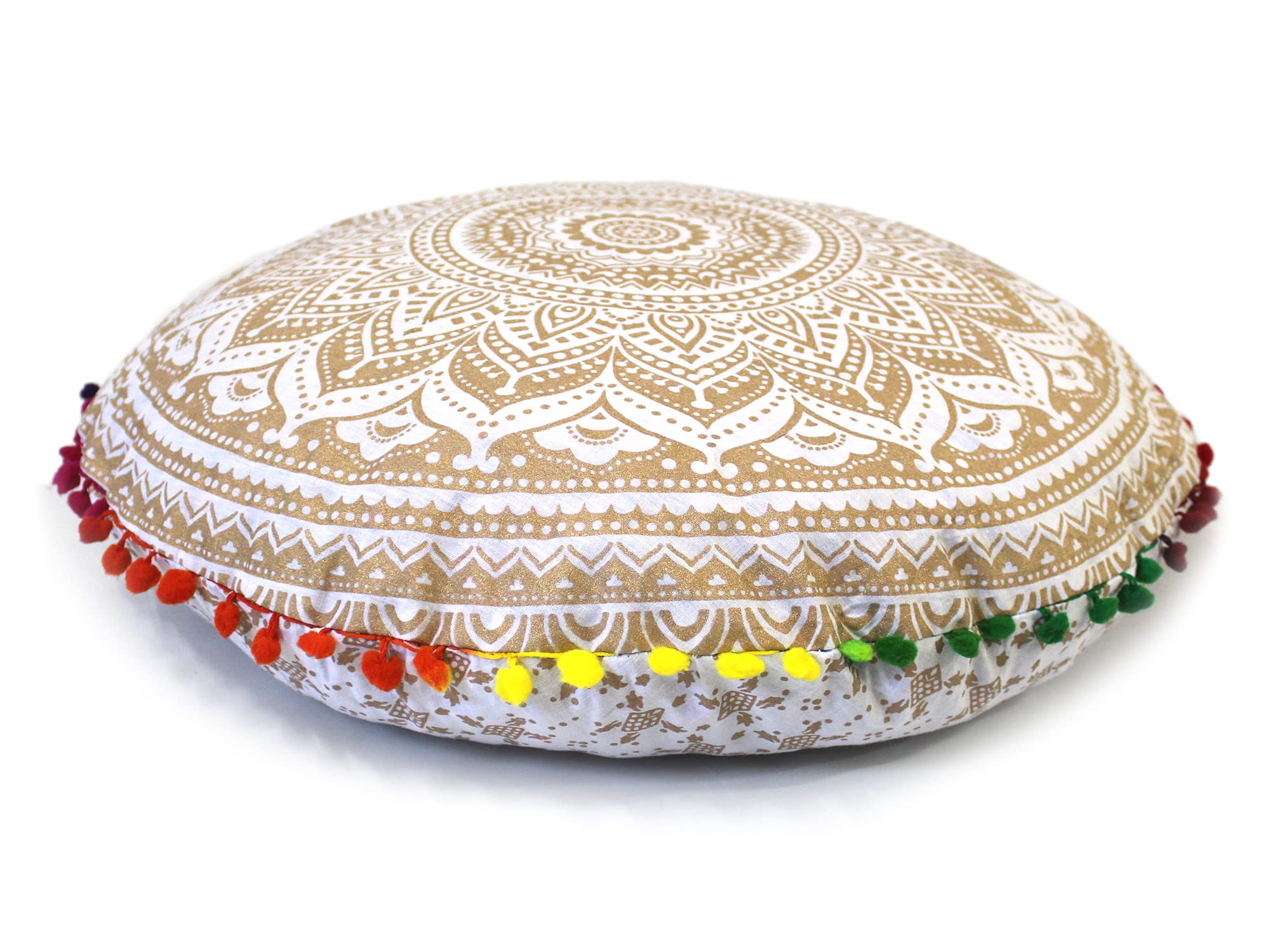 Round Mandala Floor Pillow Cover Seating Cushion Throw Case Hippie Decorative Bohemian Ottoman Pouf Cover, Pom Pom Pillow Cases,Boho Indian 22 Inches (White Gold) — image 1