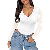 SAUNGKUAI Women's V Neck Lace Bodysuit Long Sleeve Bodysuits Double Lined Going Out Tops Y2K Trendy Thong Outfits