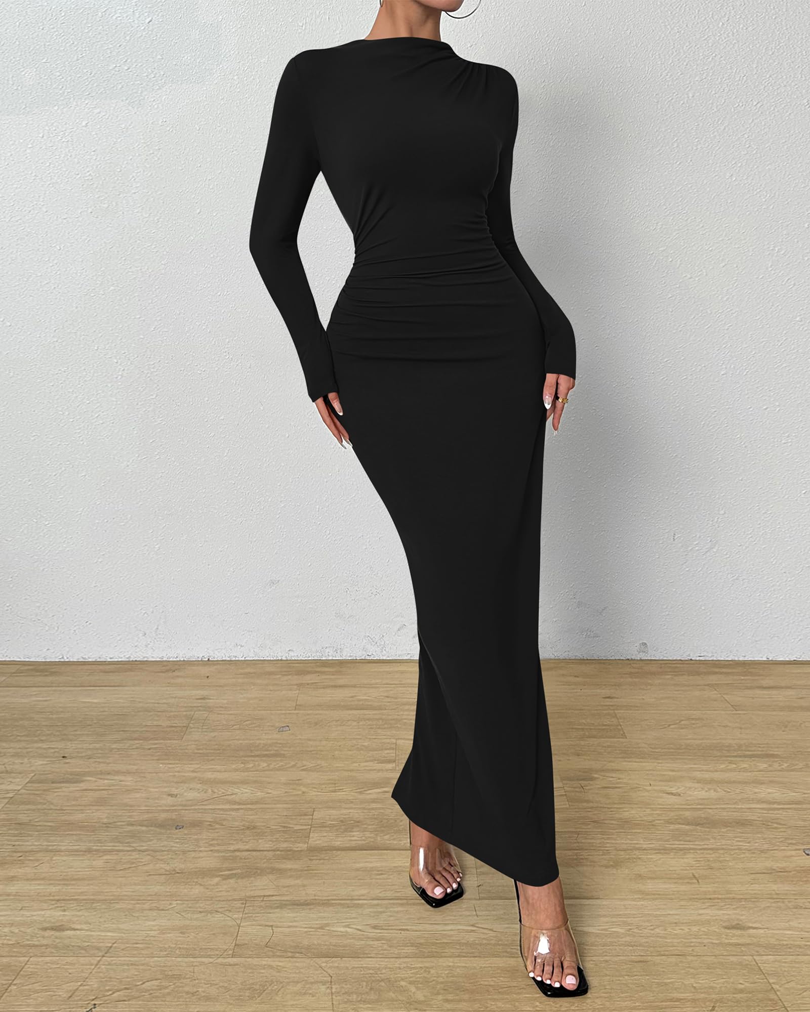 BTFBM Women Bodycon Maxi Dress Long Sleeve Back Slit Ruched Elegant Party Cocktail Formal Fall Wedding Guest Dresses