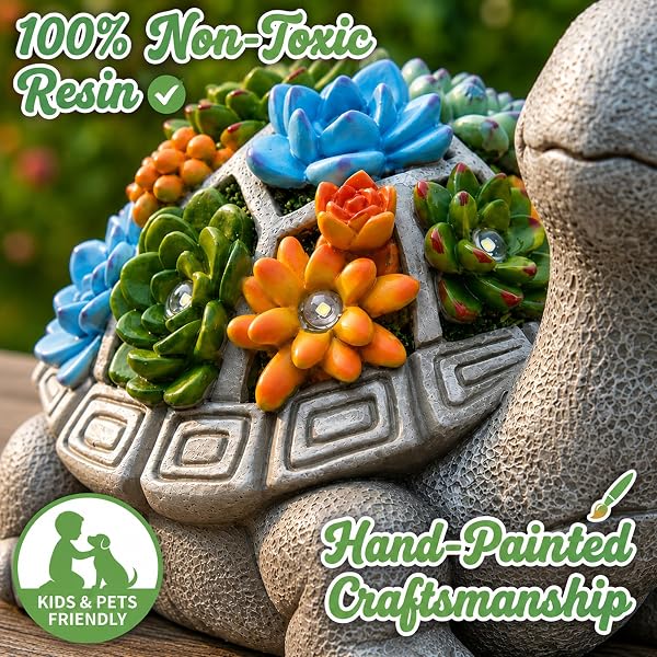 NACOME SOLAR GARDEN OUTDOOR STATUES TURTLE WITH SUCCULENT AND 7 LED LIGHTS – LAWN DECOR STATUE FOR PATIO, BALCONY, YARD ORNAMENT – GIFTS FOR MOM GRANDMA WOMEN
