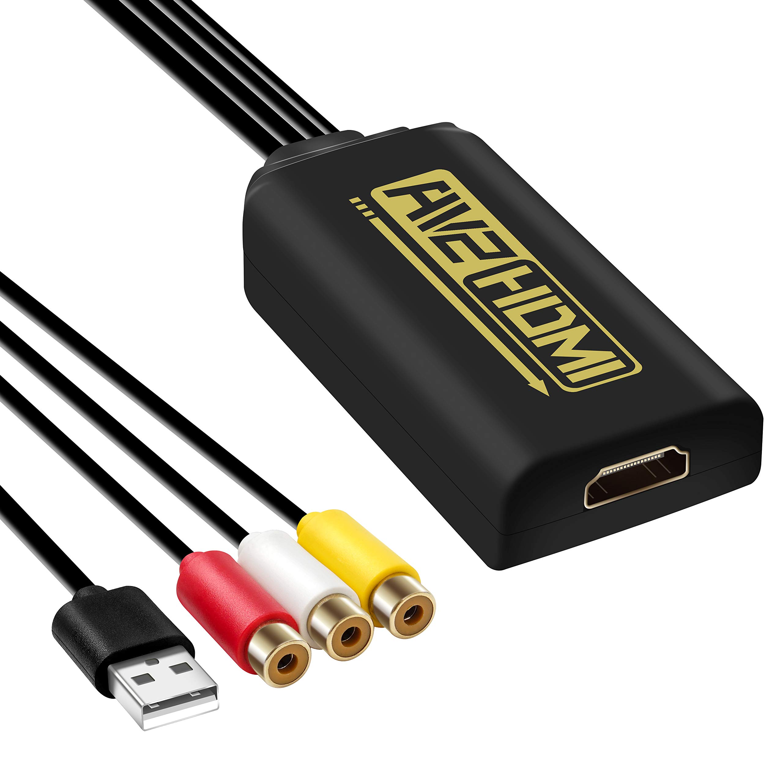 KUYiA 3RCA to HDMI Converter Cable, AV to HDMI Adapter with USB Power, Audio Video Upscaler, PAL/NTSC Compatible, for Nintendo, Xbox, PS4, PS3, HDTV, STB, VCR, Blu-ray, DVD (Black Female)