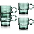 Joeyan Green Glass Coffee Mugs with Handle,Stackable Glass Coffee Cups with Diamond Design,Embossed Drinking Glasses for Espresso Cappuccino Latte Tea Milk,10 oz,Set of 4,Dishwasher Safe