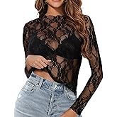Women's Lace Mesh Top Long Sleeve Mock Neck Undershirt Sheer Blouse See Through Undershirt Party Layering Tops