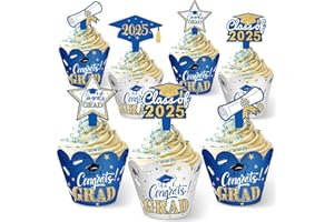 Sinmoe 96 Pieces 2025 Graduation Cupcake Toppers Wrappers Congrats Grad Cake Decorations Adjustable Grad Cap Diploma Cake Wrappers Toppers Class of 2025 Grad Graduation Party Supplies(Blue Gold)