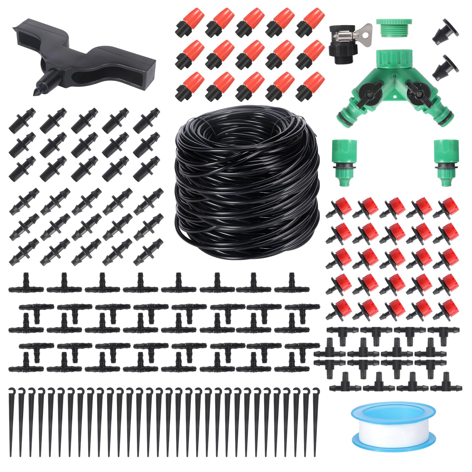 YAKHAN 30M / 100FT Drip Irrigation System Kit, 190 PCS Automatic Garden Watering DIY System with Adjustable Nozzle Sprinkler Sprayer and Dripper for Garden, Greenhouse, Flower Beds, Pot Plants