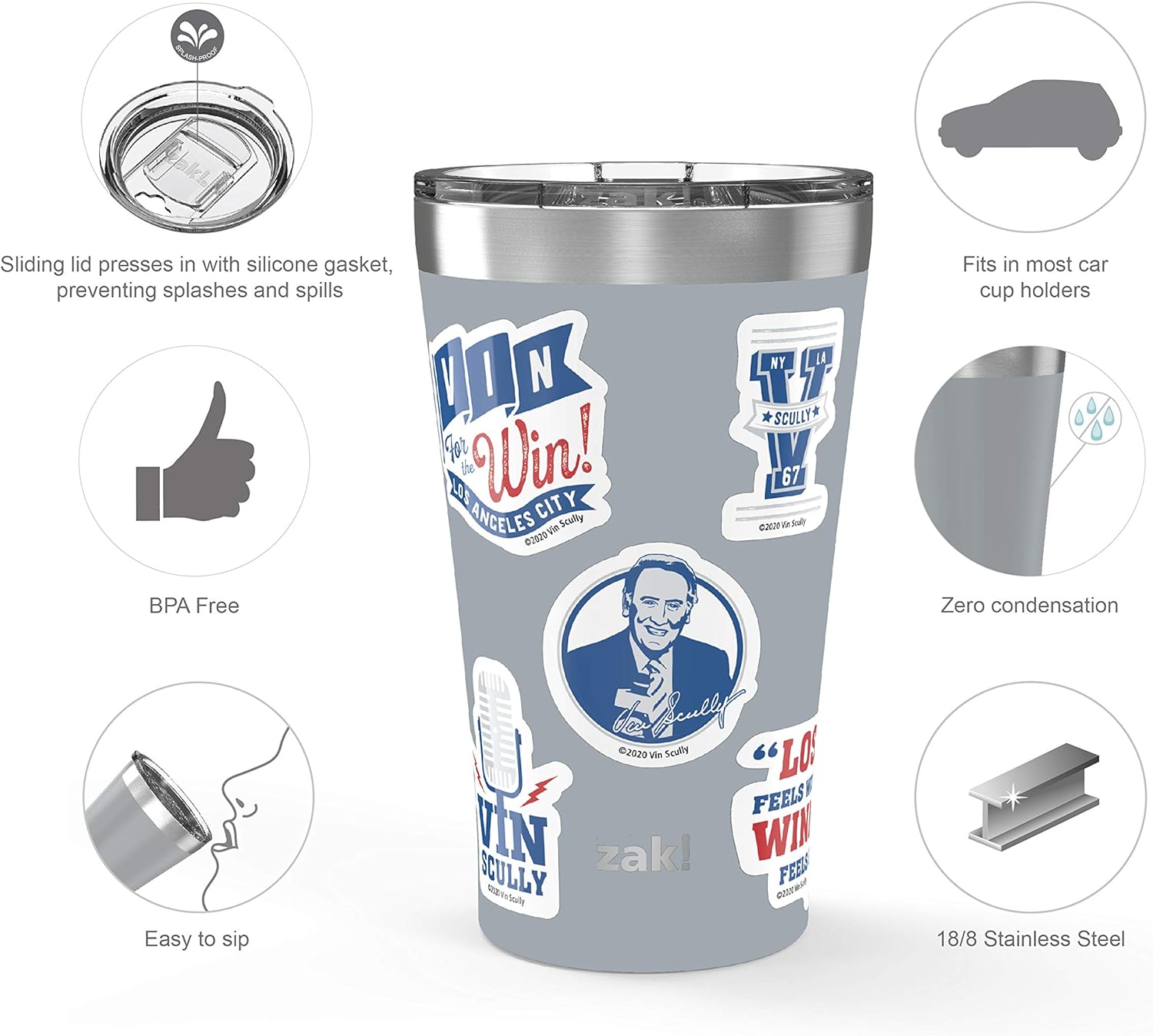  | Zak Designs 18/8 Vacuum Insulated Stainless Steel Travel Press-In Lid and Splash-Proof, Includes Vin Scully Vinyl Personalized Design, Non BPA, 20oz Sticker Tumbler: Tumblers & Water Glasses