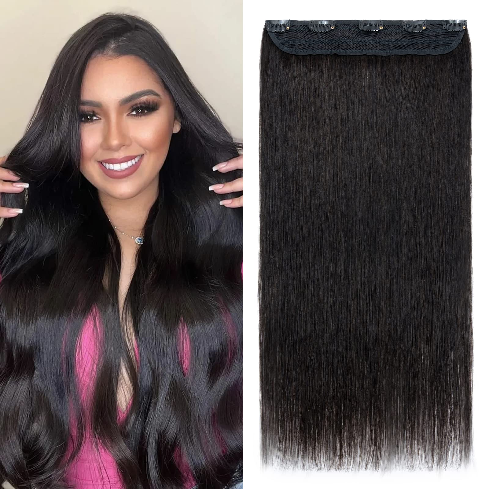 One Piece Clip in Hair Extension #1B Natural Black Real Remy Hair Straight 3/4 Full Head (14inch-75g) Thick Straight