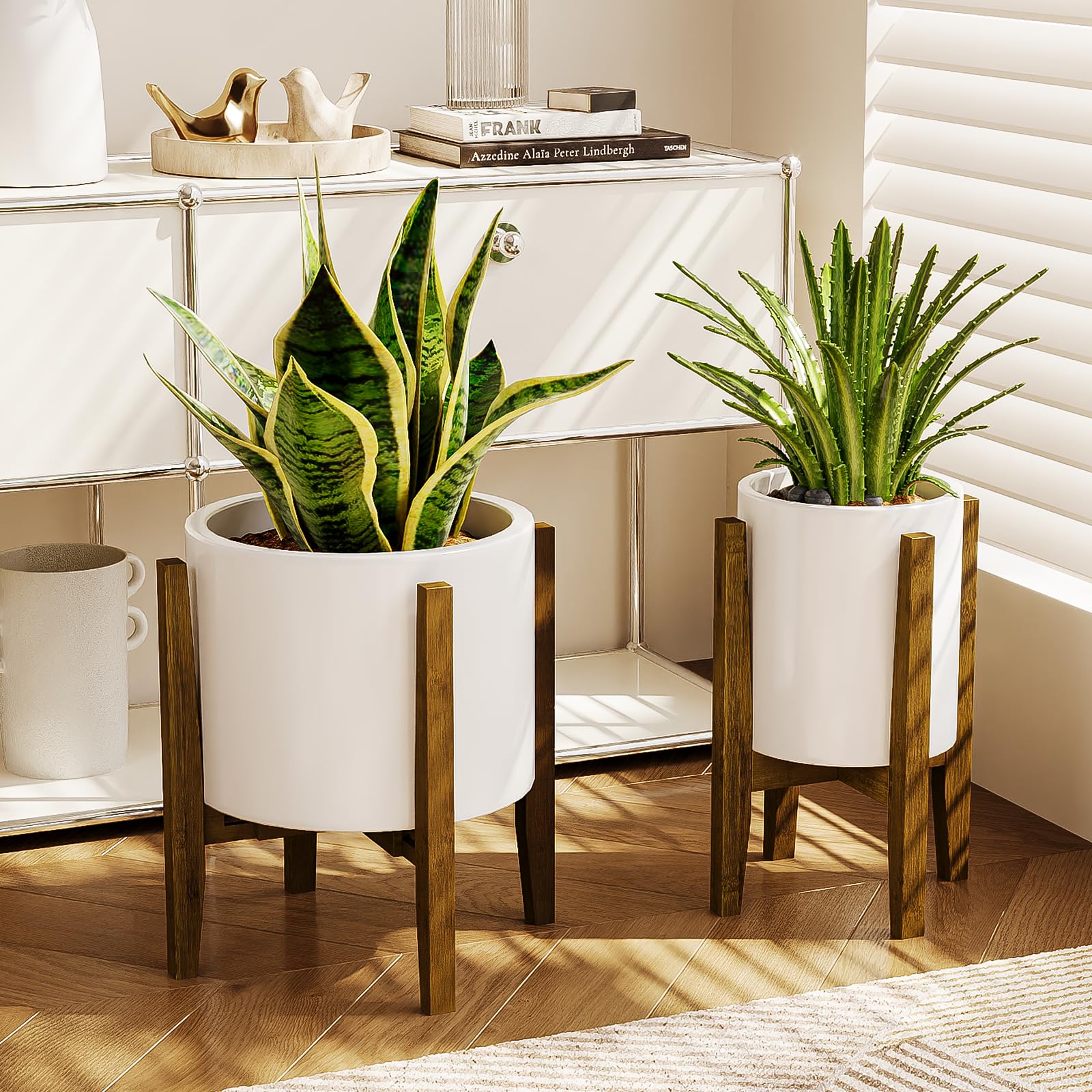 Bamworld Adjustable Plant Stand Indoor, Bamboo Indoor Planter Stand, Mid Century Modern Flower Pot Holder Rack, Fit 7.8'' to 12'' Planter