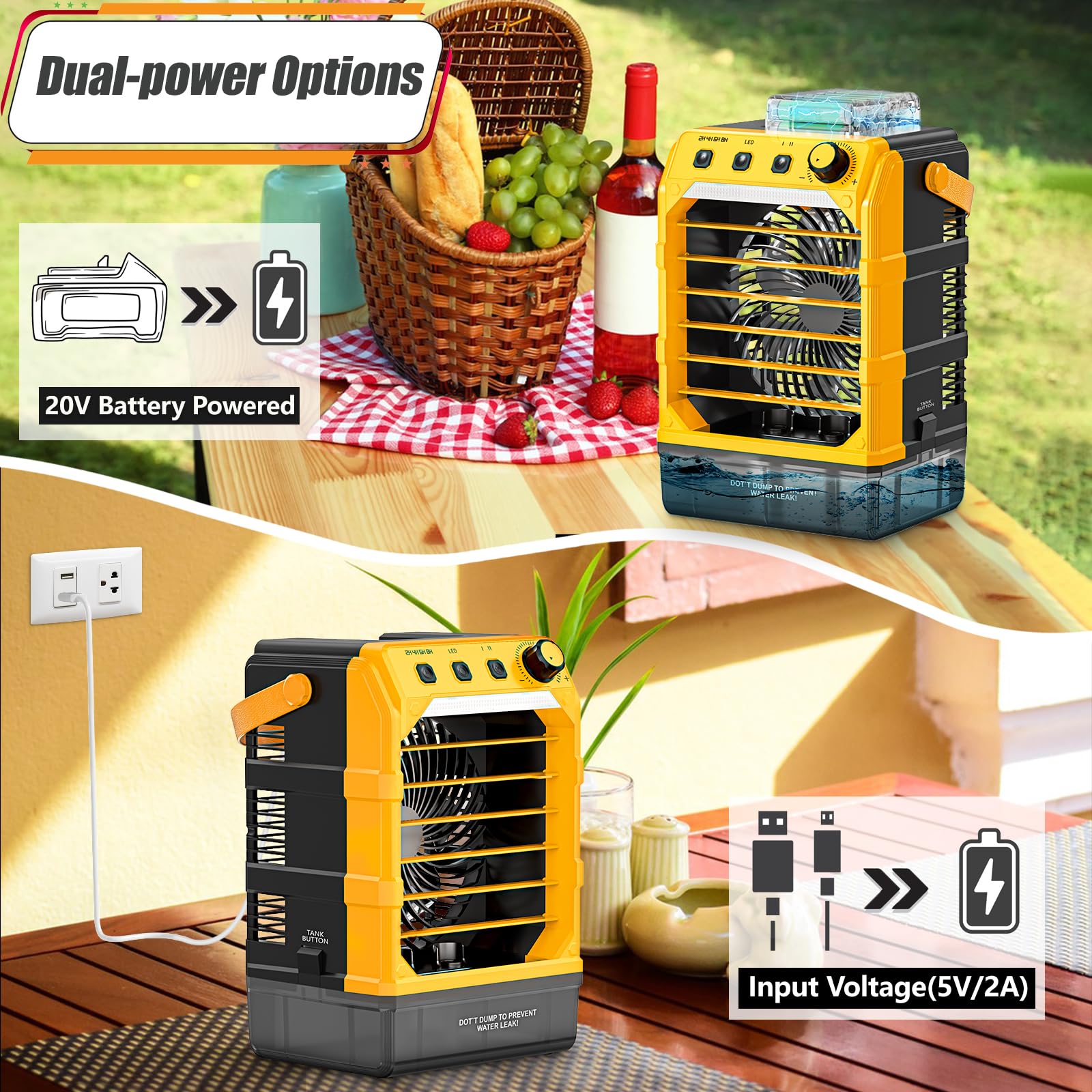 Rozlchar Portable Cooling Fan Compatible for Dewalt 20V 60V Battery(No Battery) w/USB Input Powered, Outdoor Camping Fan w/Mist, Timing Function, 1600mL Water Tank & LED for Home, Outside, Camping