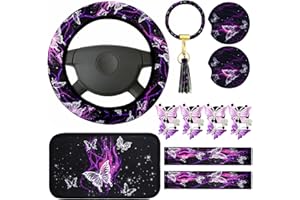 SINMOE 16 Pcs Butterfly Car Accessories Purple Steering Wheel Cover Air Fresheners Vent Clips Seat Belt Pads Cup Holders Armrest Cushion Keyring Bracelet Sheets for Car SUV Interior Halloween Christmas Decor