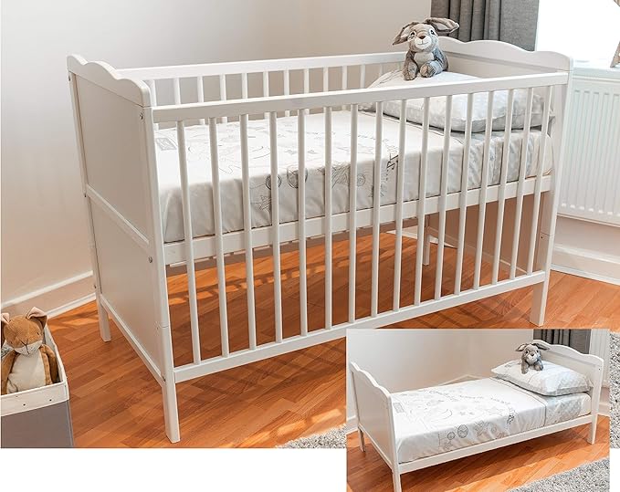 White Wood Baby Cot Bed and Baby Bed Cot Mattress Converts into a