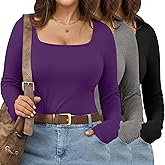 Evervibe 3 Pack Women's Plus Size Tops Square Neck Long Sleeve Shirts Slim Fit Casual Stretchy Fall Basic Tee