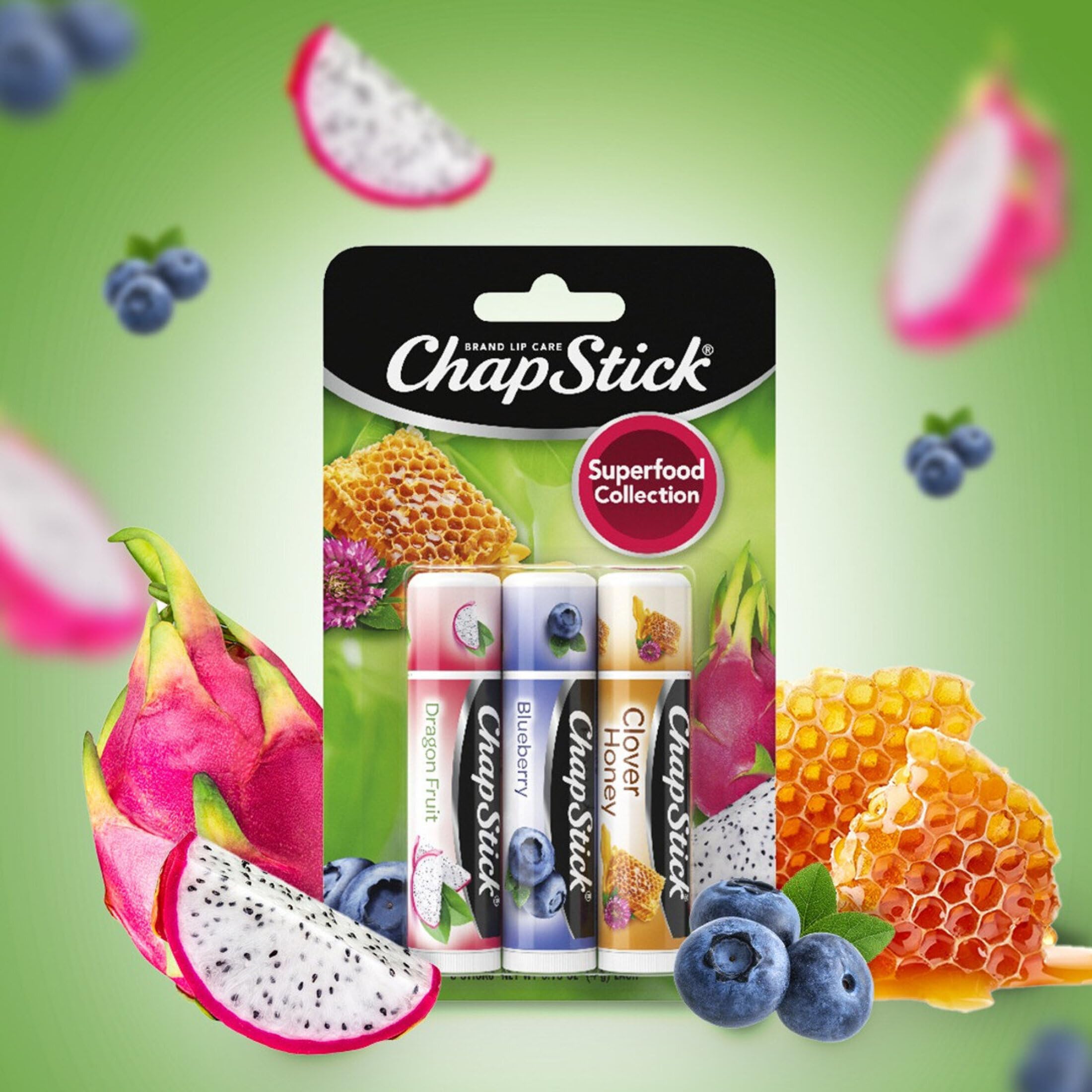 ChapStick Lip Balm, Superfood Collection 3-Pack – Dragon Fruit, Blueberry & Clover Honey, Moisturizer for Dry Lips, 0.15 Oz