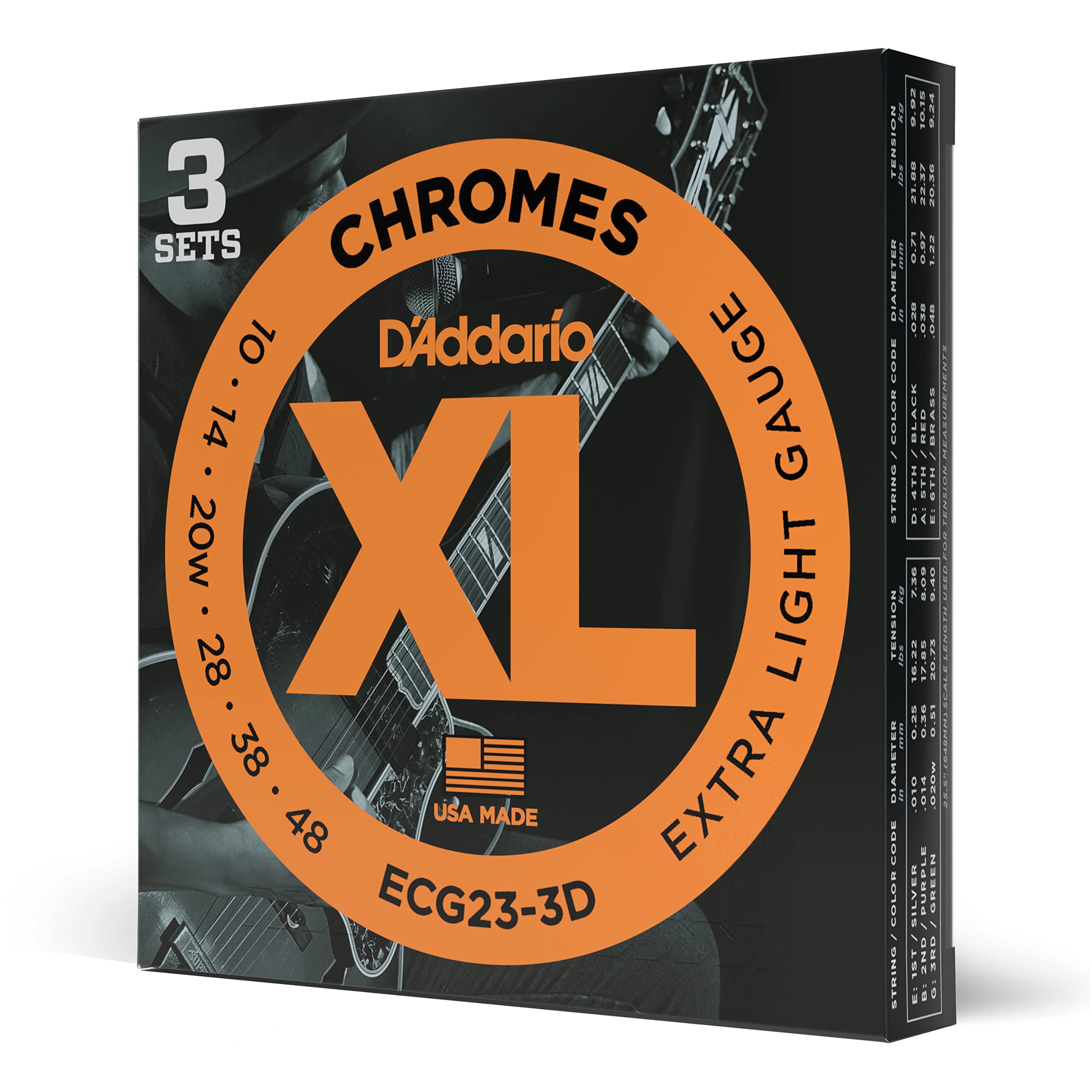 D'Addario Guitar Strings - XL Chromes Electric Guitar Strings - Flat Wound - Polished for Ultra-Smooth Feel and Warm, Mellow Tone - ECG23-3D - Extra Light, 10-48, 3-Pack — image 1