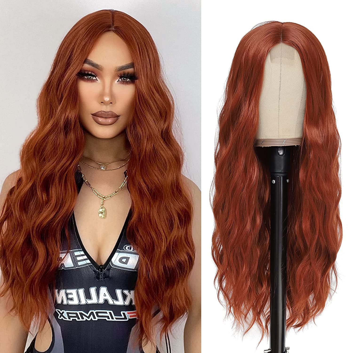 Photo 1 of YBYMCAI Long Auburn Wavy Wigs for Women Middle Part Copper Red Wig 26 inch Natural Curly Synthetic Wig Heat Resistant Fiber Wigs for Daily Party Use