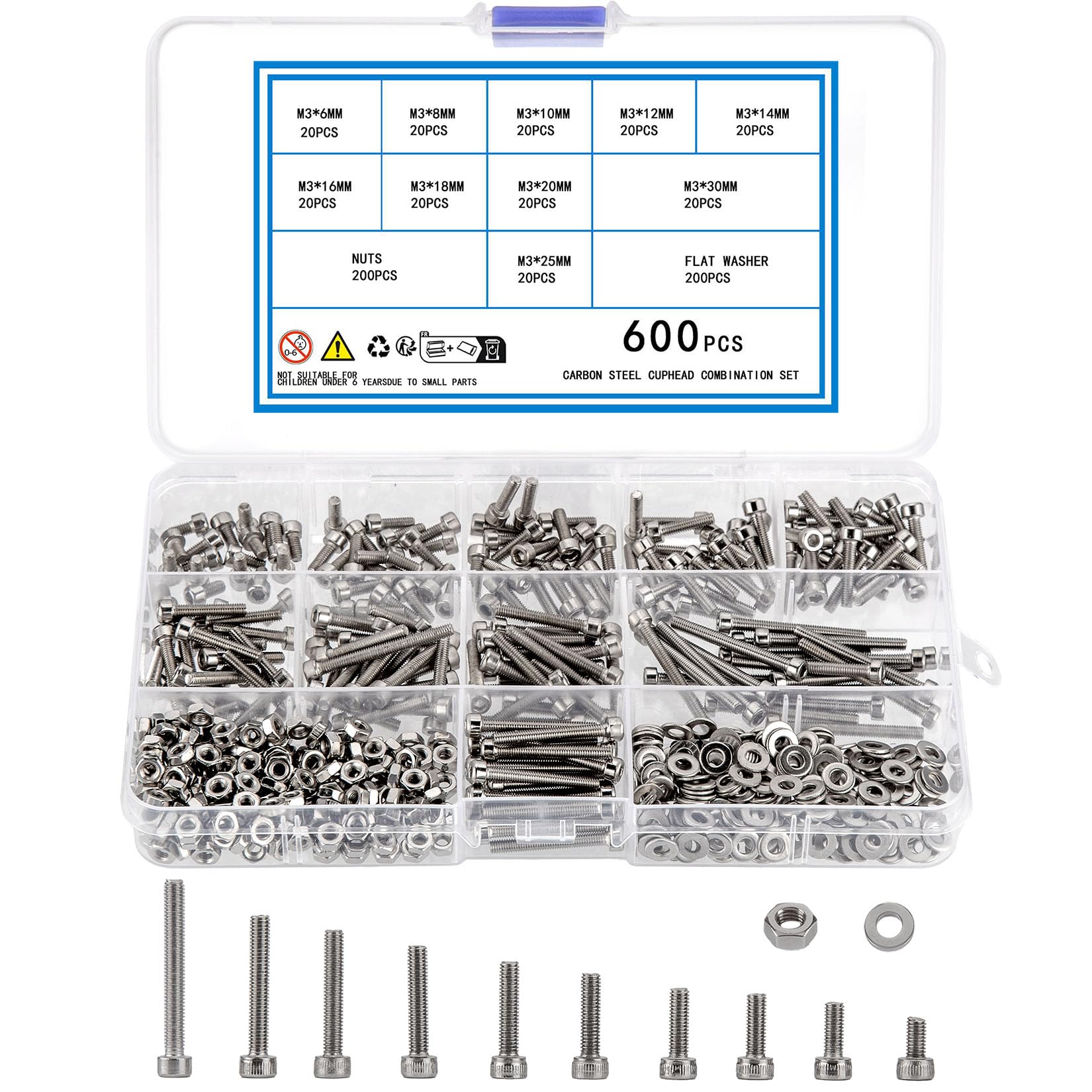 KOXXIAMOQ 600 Pcs M3 Bolts and Nuts Set, Hex Socket Head Cap Nuts and Bolts and Washers, Mechanical Hexagon Socket Head Cap Screws Set, Fastener Machine Screws Assortment Kit