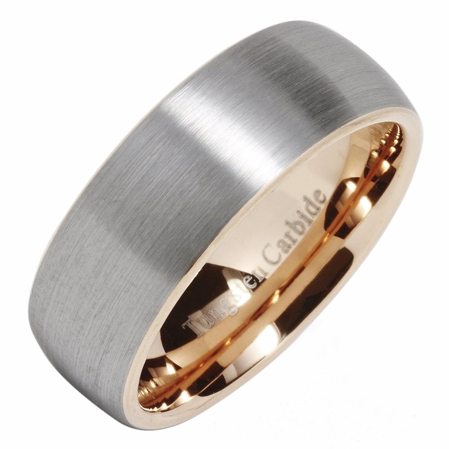 ATOP 8mm Comfort Fit Tungsten Carbide Ring Silver Brushed Rose Gold