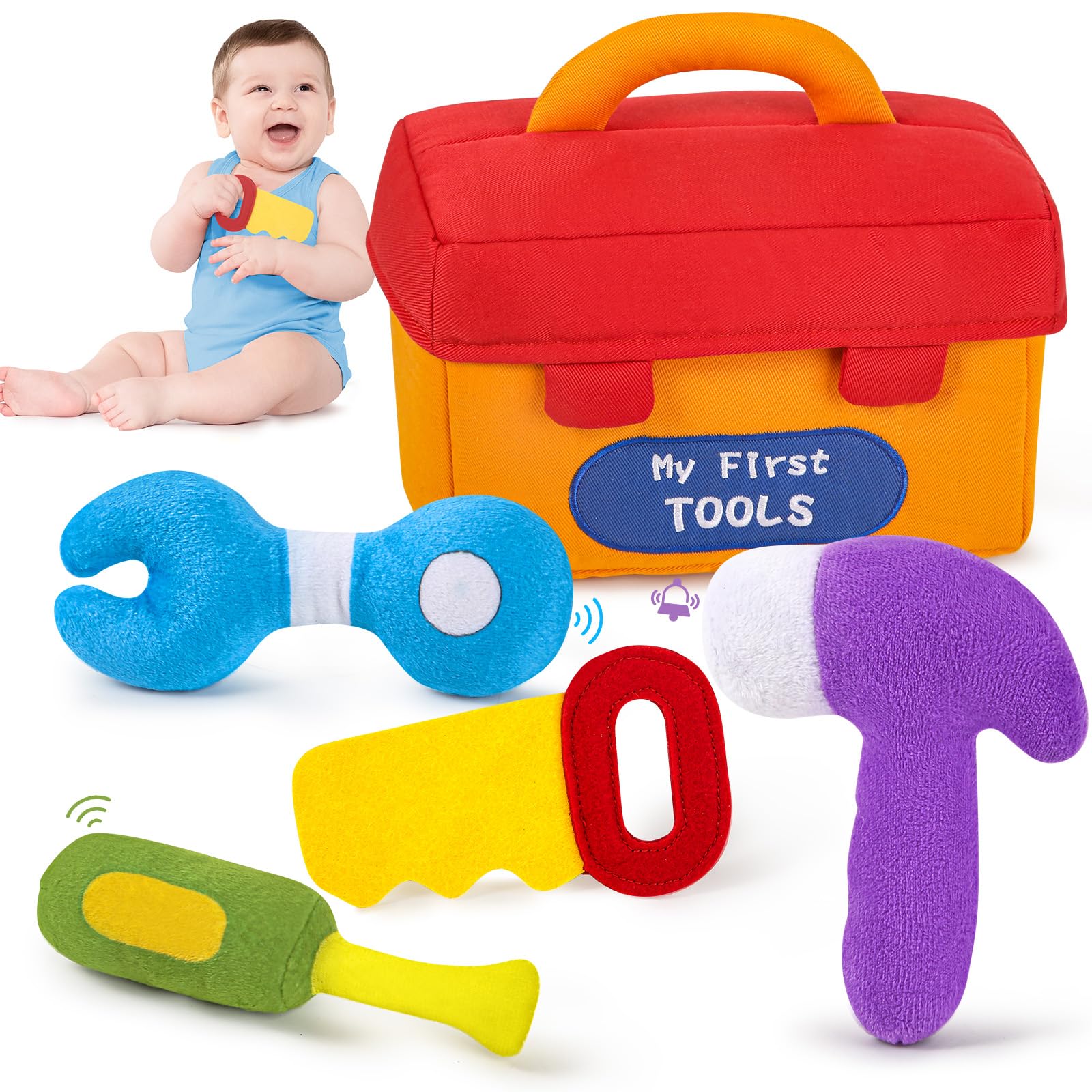 Photo 1 of KMUYSL Baby Toys 6-12 Months, My First Tools Plush Toys -4 Pcs Sensory Playset Soft Toys with Squeaker Crinkle for 6-9-12 Months Newborn Infant, Birthday Christmas Gifts for Boys Girls