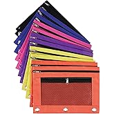 DODAMOUR 12 Pack Pencil Pouches for 3 Ring Binder, Double Zipper Mesh Binder Pouch with Clear Window, Sturdy Oxford Fabric 3 Hole Pen Bag for Office Work, Bulk Organizer, 6 Colors